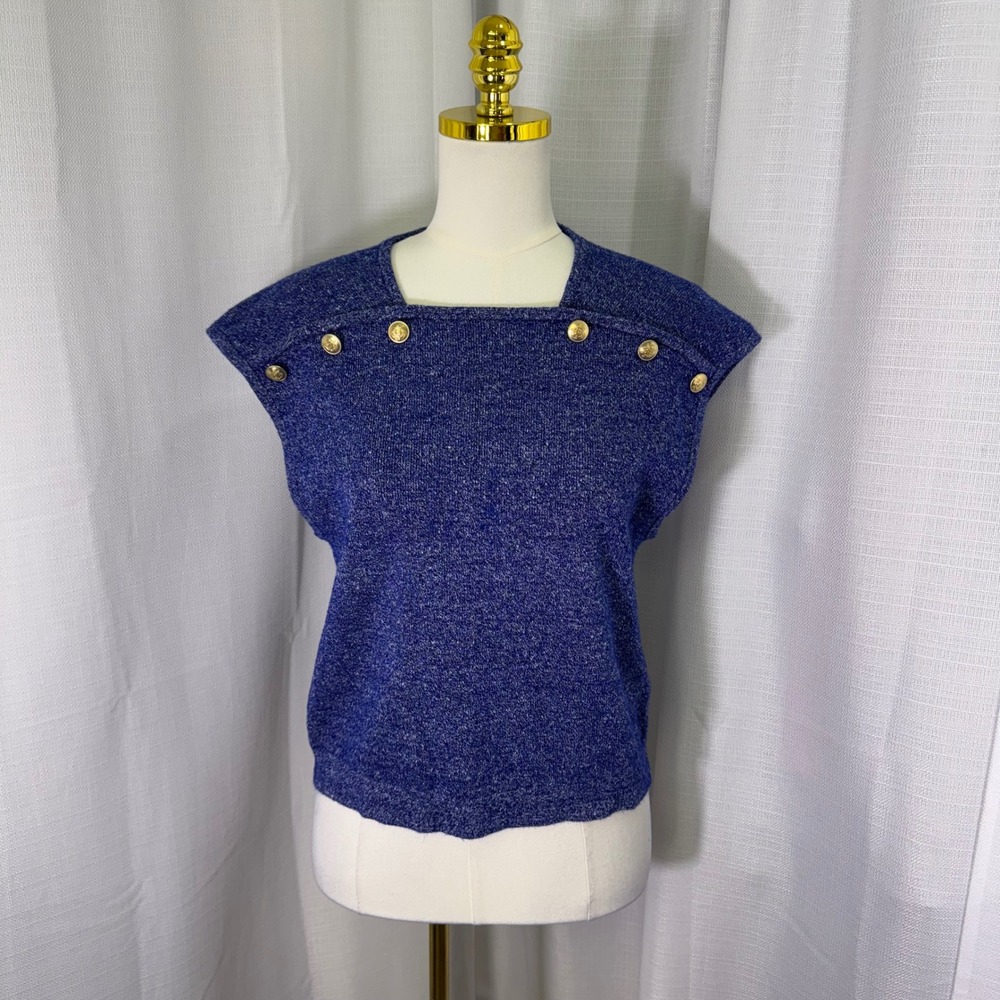 NWOT J.Crew Merino Linen Blend Sweater Vest Sleeveless Top XL‎ Blue Gold Buttons